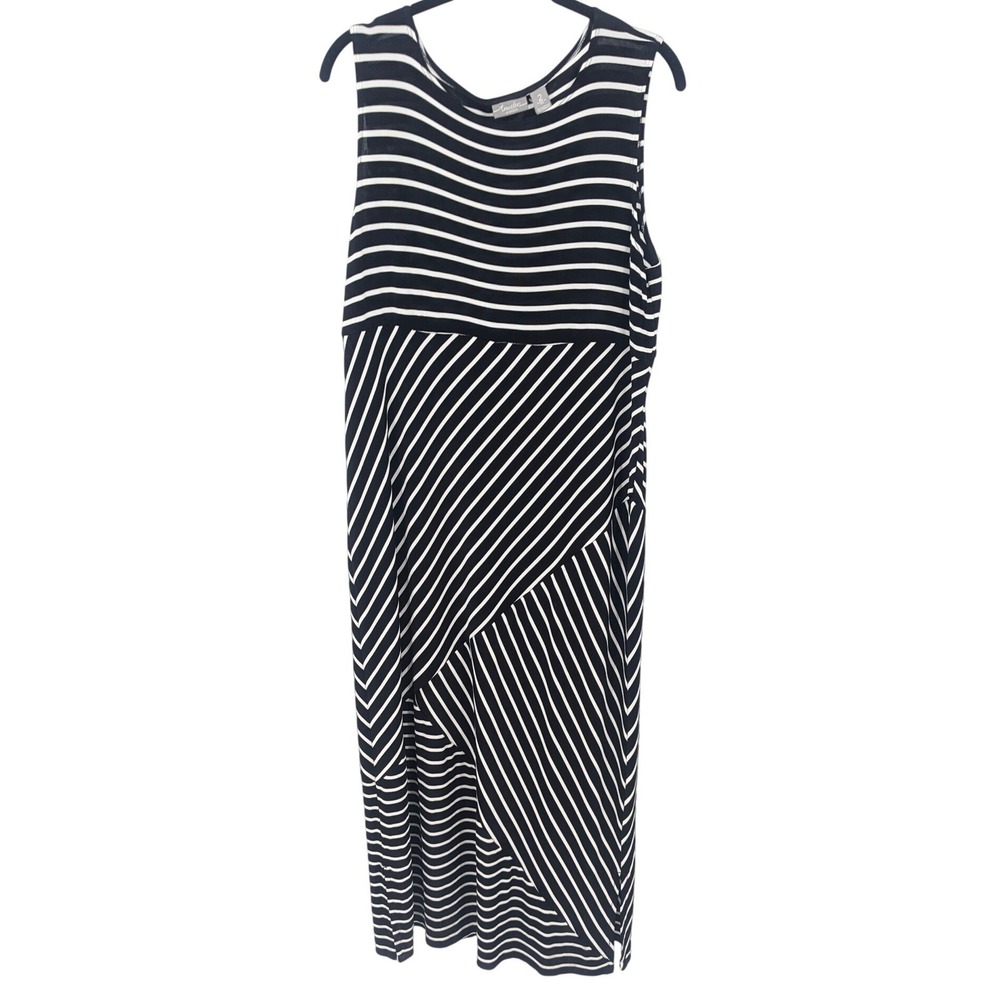 Chicos Travelers Maxi Dress Striped Sleeveless Womens Large‎ Black White Stretch